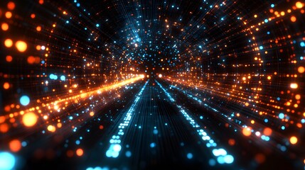 Wall Mural - A bright, colorful, and dynamic scene of a tunnel with a bright orange and blue light. The tunnel is filled with many small, glowing dots that create a sense of movement and energy