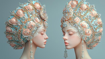 Sticker - Two women in ornate headdresses with closed eyes, facing each other.