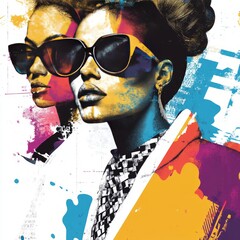 Sticker - Two women wearing sunglasses and a colorful background.