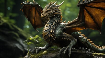 Forest dragon with wings sitting on stone in green woods.