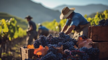 Multigenerational workers collecting grapes for organic wine making. Neural network ai generated art