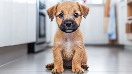 Poster - A small brown puppy sitting on the floor in a kitchen, AI