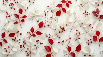 Poster - White leaves and red berries on white background.