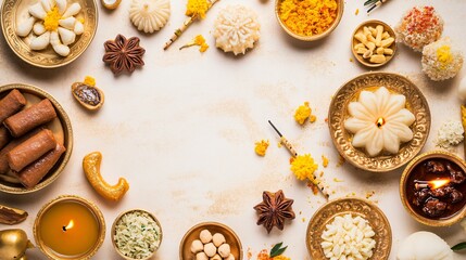 Wall Mural - A flat lay background of traditional Diwali elements: sweets, diyas, and incense sticks, arranged on a soft gold and white surface