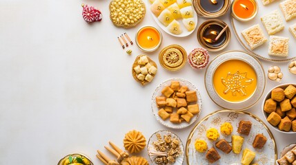 Wall Mural - A flat lay background of traditional Diwali elements: sweets, diyas, and incense sticks, arranged on a soft gold and white surface