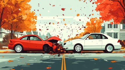 Wall Mural - Cars colliding near a Thanksgiving dinner setup, festive table warning message, flat design illustration