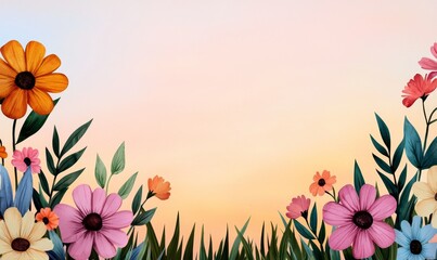 Wall Mural - floral border with pink, orange, yellow flowers on pastel gradient background for design and present