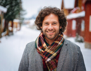 Winter Portrait of Happy Handsome Man Smiling Outdoors