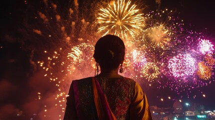 Poster - Woman in traditional Indian clothing watching fireworks at night.