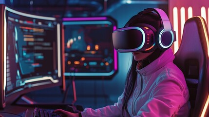 Wall Mural - Woman wearing VR headset and playing video game.