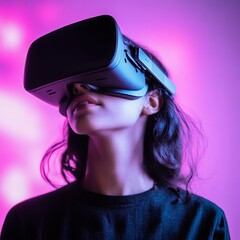 Wall Mural - Woman wearing VR headset against a pink background.