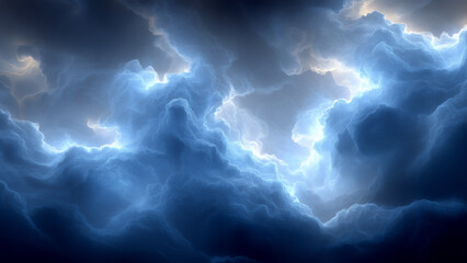 Wall Mural - Stormy clouds with lightning, a dramatic sky, dark blue and white landscape.