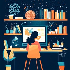 Wall Mural - Woman working on computer at desk in home office.