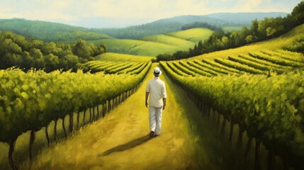 Sticker - A painting of a man walking down the middle of an empty vineyard, AI