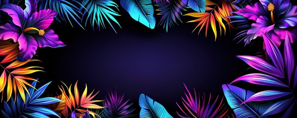 A vibrant tropical floral frame in neon colors on a black background. Perfect for adding a touch of tropical flair to your design projects.
