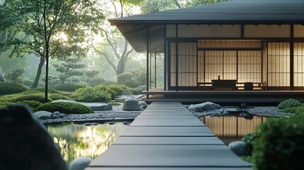 Wooden pathway leading to a traditional Japanese house with a pond and lush greenery.