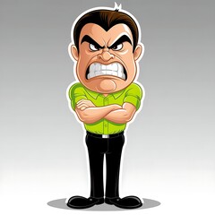 Wall Mural - Cartoon vector illustration of a stylized character with a large head, frowning angrily, clenched teeth, arms crossed, wearing a green shirt, black pants.