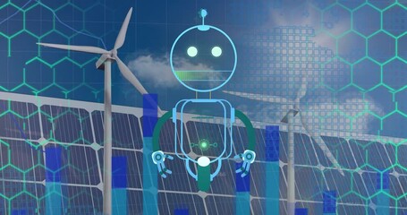 Poster - Robot animation over wind turbines and solar panels, representing renewable energy