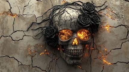 A dramatic, gothic-style Sugar Skull with black roses and thorny vines, set against a cracked stone wall with shadows of flickering flames