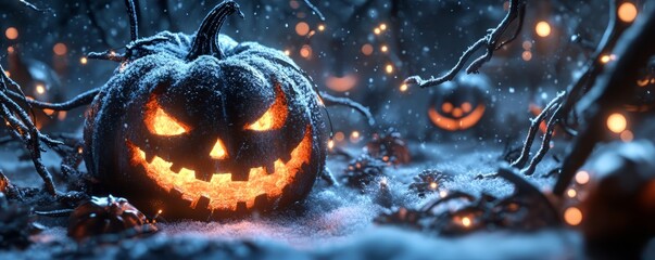 A spooky Halloween pumpkin glowing in the dark, surrounded by eerie mist and enchanting lights, perfect for autumn-themed projects.