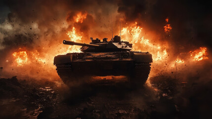 Tank pushing through the remains of a destroyed bridge, smoke billowing, explosions nearby, turret aimed ahead, low-angle wide shot