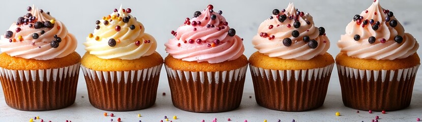 Wall Mural - a row of cupcakes with frosting. 