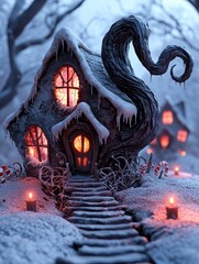 A whimsical, snow-covered cottage with glowing windows, twisted chimney, and candy canes, perfect for holiday-themed projects.