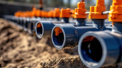 A row of pipes with orange caps on top