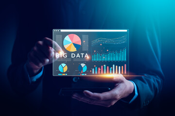 Businessman Analyzing Big Data Analytics on Virtual Screen with Graphs and Charts, Representing Data Science, Technology, and Business Intelligence Solutions for Decision Making, Performance Insights