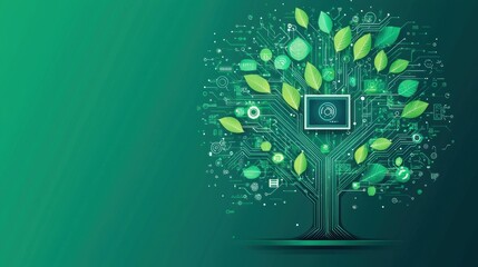 Wall Mural - tree transforming with circuits and screens, tech-nature hybrid, flat design illustration