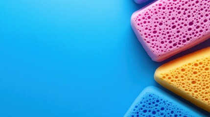 A group of sponges on a blue background with different colors, AI