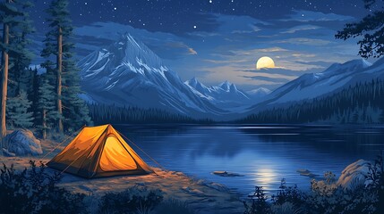 Canvas Print - Camping Under the Moonlight in the Mountains