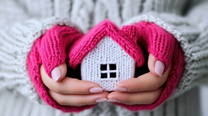 Wall Mural - A woman's hands holding a miniature house in pink mittens, AI