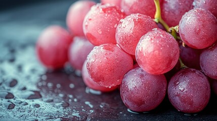 Close-up of a bunch of red grapes with water droplets on a dark background.