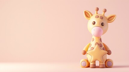 Canvas Print - A cute cartoon giraffe holds a yellow star against a peach background.