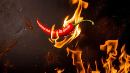 Red hot chili pepper engulfed in fire on a dark abstract background, Close-up of red hot chili pepper on fire, Red pepper on fire