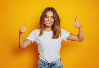 Canvas Print - A beautiful woman in her thirties, wearing jeans and a white t-shirt, is smiling while making a thumbs-up gesture against a yellow background