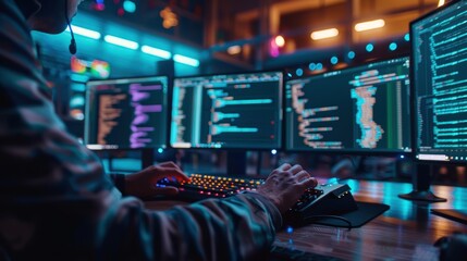 Coder working on multiple screens in modern neonlit workspace with programming codes