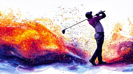 Golfer taking powerful swing with abstract colorful splashes