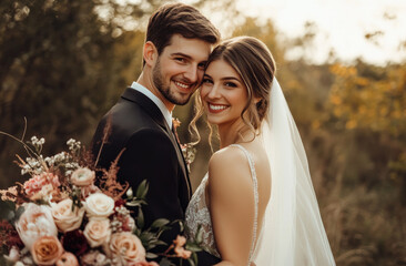 Wall Mural - A happy bride and groom standing in front of the countryside, smiling at each other