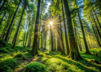 Wall Mural - Stunning High Dynamic Range Image Of A Lush Green Forest With Towering Trees, Dappled Sunlight, And A Verdant Understory