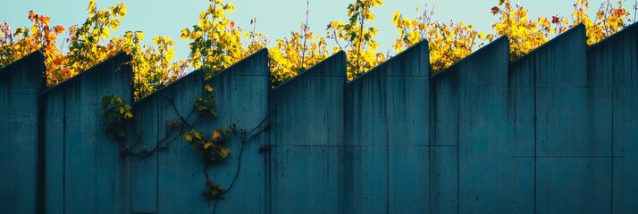 Colorful leaves emerge from the top of a concrete wall, creating a striking contrast against the clear blue sky during the daytime