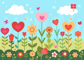 A vibrant garden scene filled with colorful flowers and hearts, perfect for celebrating love and nature's beauty.