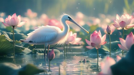 White Bird in a Pond of Lotus Flowers