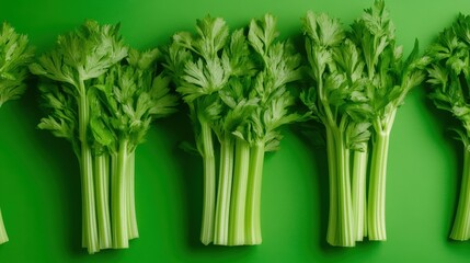 Wall Mural - A group of celery stalks on a green background, AI