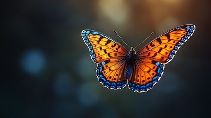 Colorful butterfly fluttering amidst a soft background in nature during the golden hour of late afternoon