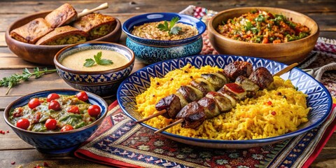 tender lamb kebabs, aromatic plov with saffron-infused rice, and fragrant lavash bread, beautifully arranged on a traditional ornate ceramic tablecloth.