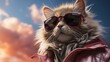 © rehman - futuristic cat in sunglasses and trendy outfit looking away surrounded by pink clouds against blue sky