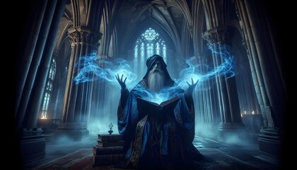 Mystical ancient wizard conjuring blue magical energy from an arcane tome in a dark, gothic cathedral setting, embodying fantasy and sorcery