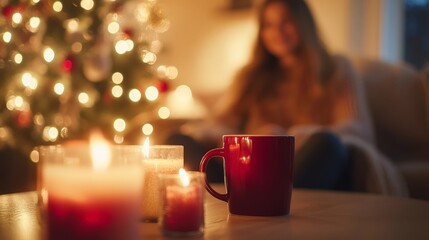 Wall Mural - Cozy christmas ambiance with candles and warm mug by the tree